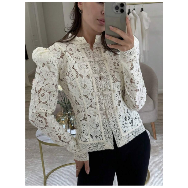 Women’s Lace Split Blouse Long Sleeve Elegant Sheer Floral Top Slim Fit spring 2026 collection