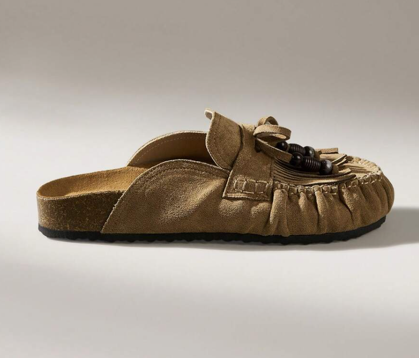 Women’s Khaki Slingback Flat Shoes Fringe Detail Slip-On Casual Sandals spring 2026 collection