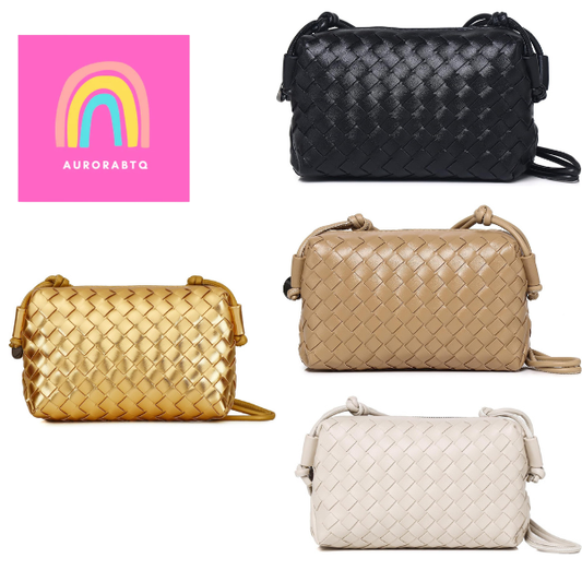 Women’s Woven Crossbody Bag Vegan Leather Shoulder Purse Zipper Black