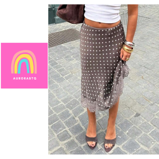 Women’s Polka Dot Satin Maxi Skirt High Waist Lace Trim A-Line Flowy Skirt spring 2026 collection
