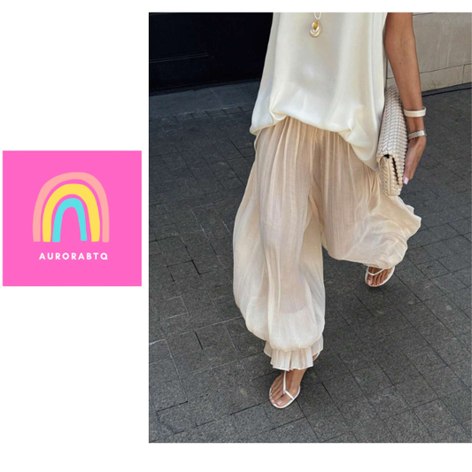 Women’s Beige Loose Fit Jogger Pants Long Split Ruffle Hem Casual Trousers