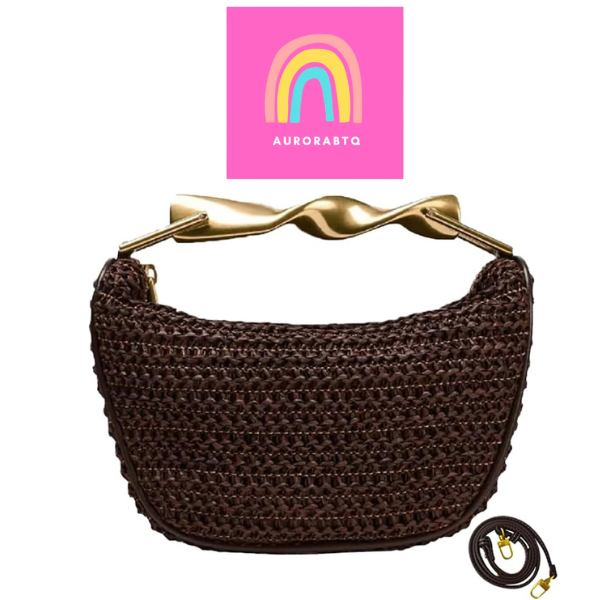 Women’s Mini Straw Crossbody Bag Woven Summer Satchel with Dual Straps Coffee