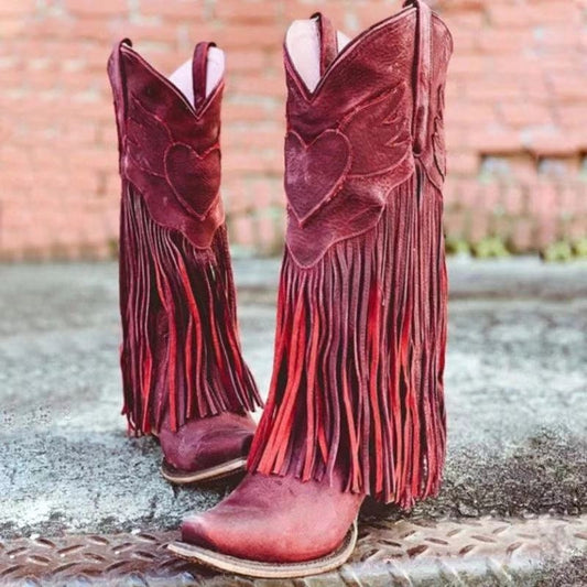 The Heart Fringe Cowboy/Cowgirl Boots in Maroon