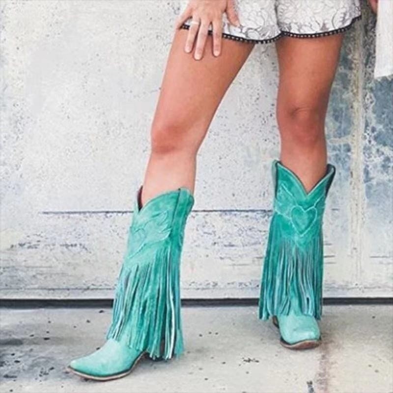 The Heart Fringe Cowboy Cowgirl Boots in Green AuroraBTQ